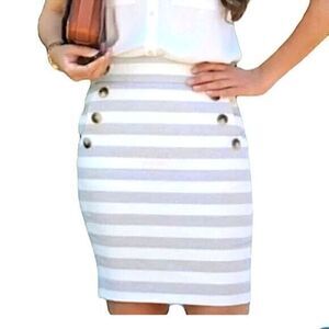 Loft Straight Pencil Skirt Womens 10 Gray White Nautical Striped Cotton Mini